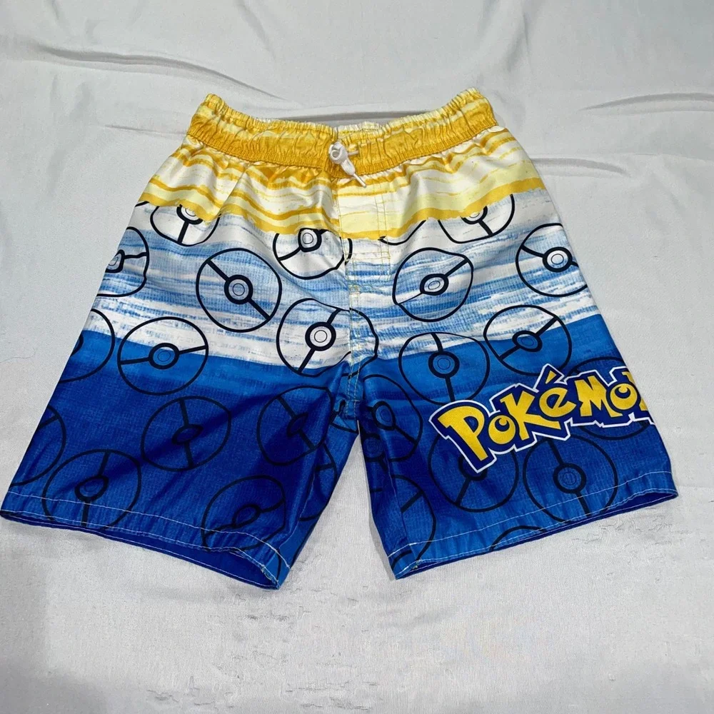 Pokemon Boys Blue Yellow Poke Ball Print Swim Trunks Size Medium Board Shorts
